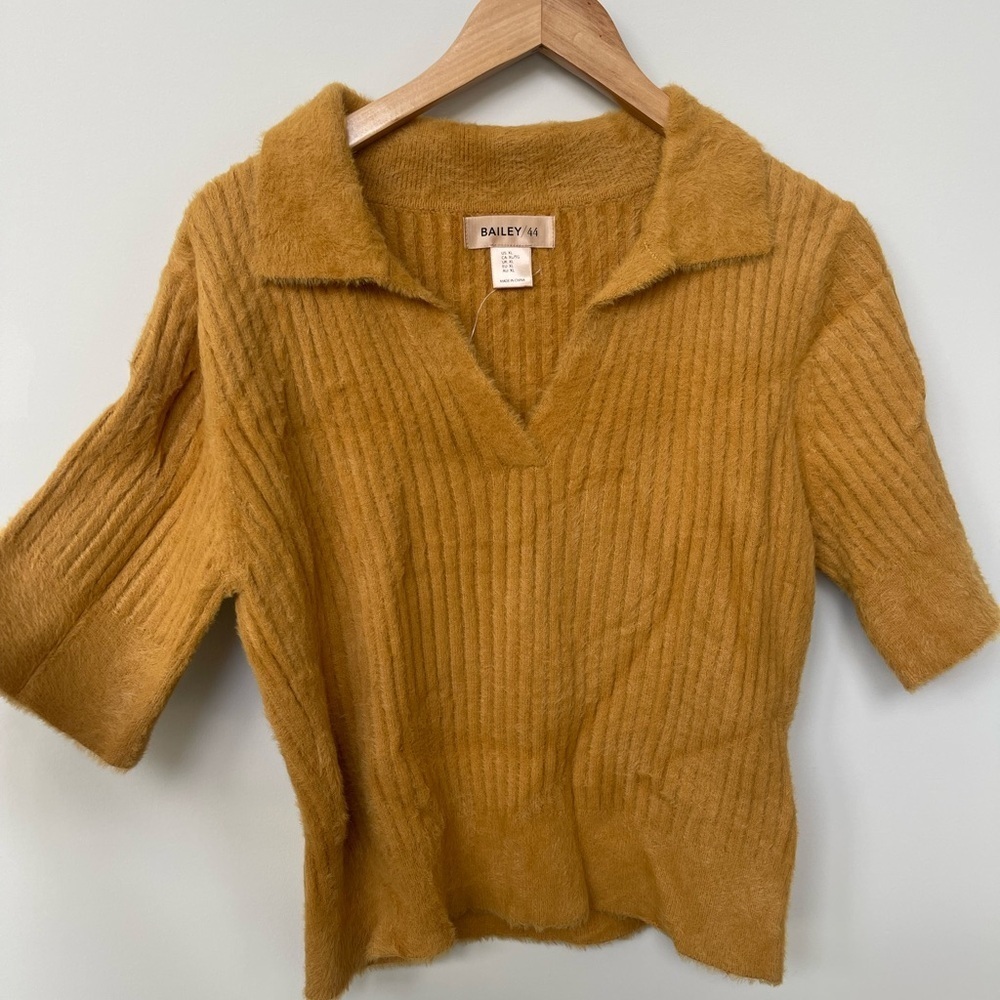 Bailey/44 | Mustard Gold Fuzzy Ribbed Collared Short Sleeve Sweater Top Hipster
